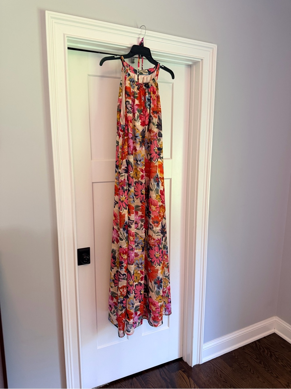 Maggy London Pink Floral Halter Maxi Dress with Orange and Yellow Accents
